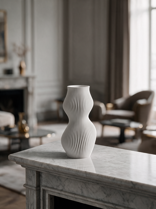 Breeze Vase in White on a marble table in a classic living room with an armchair and fireplace