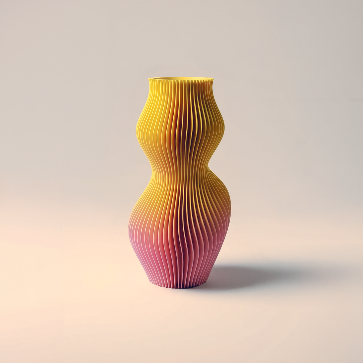 Breeze Limited Edition vase hand-painted in a yellow to pink gradient, on a neutral background