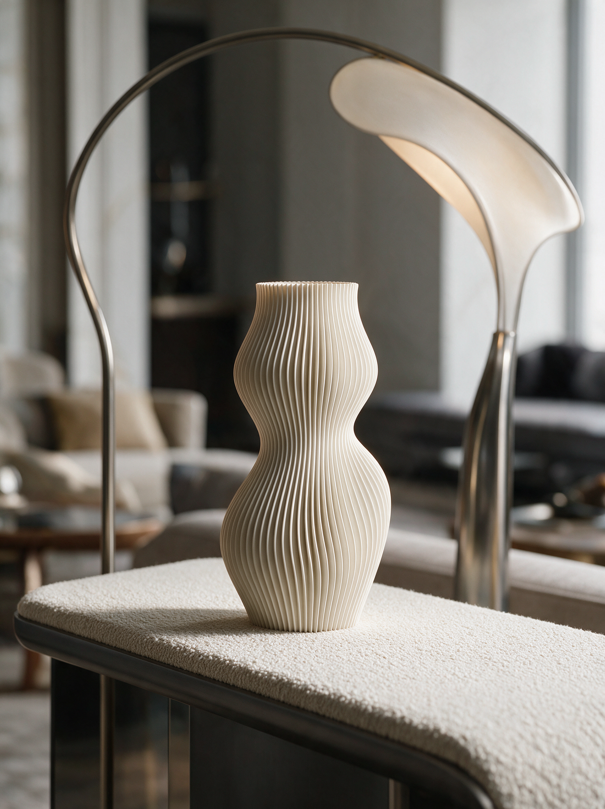 Breeze Vase in White on a marble console under a floor lamp in a modern living room